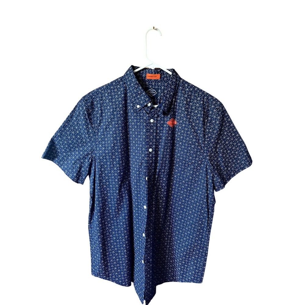 St Johns Bay Mens Button Down Shirt Short Sleeve Comfort Flex‎ Blue Pattern L